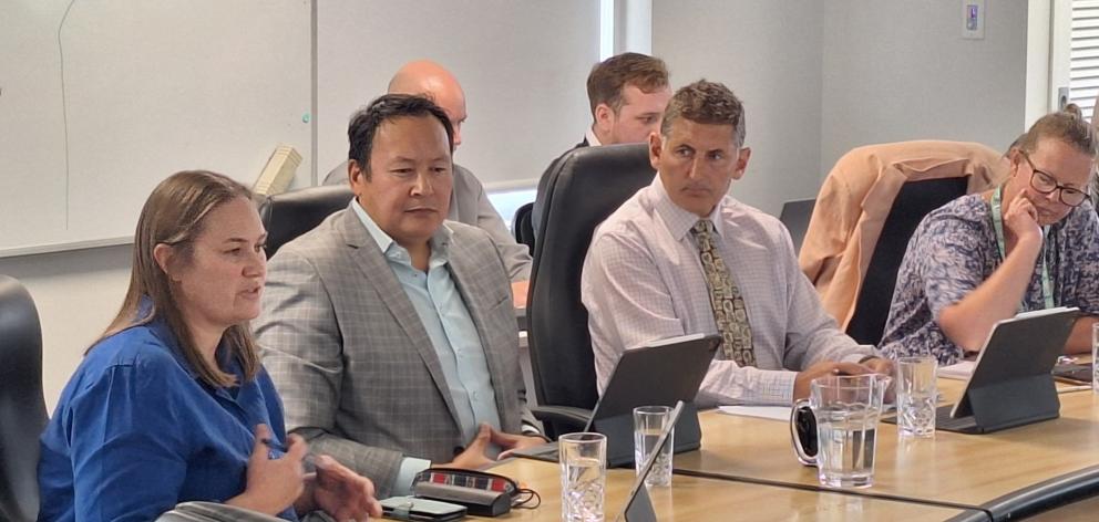 Queenstown Lakes district councillor Niki Gladding (left) speaks during yesterday's meeting as...