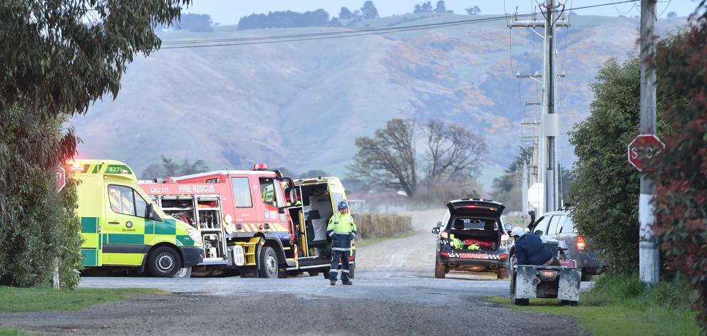 Emergency services at the scene of the horror two-car crash near Outram this evening. Photo:...