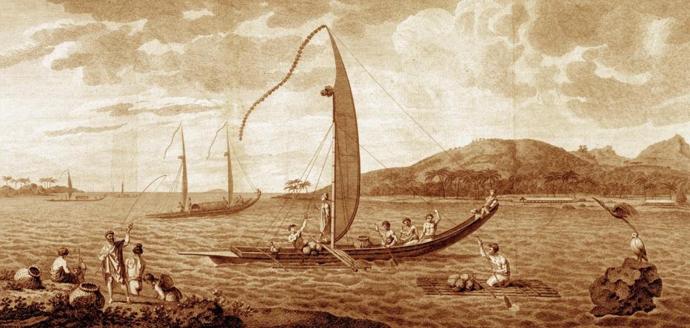 Tahitian va'a and other boats at Matavai Bay in 1773, a sketch by William Hodges, artist aboard...