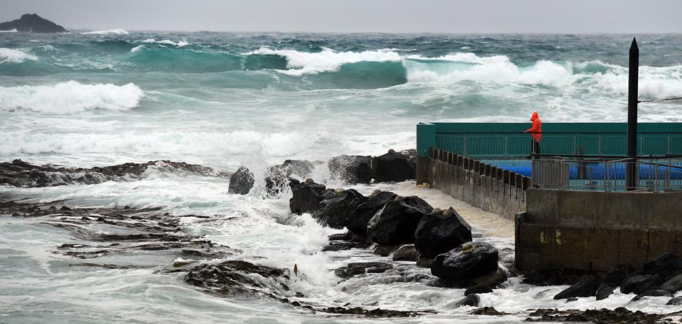 The seas were rough next to the St Clair Hot Salt Water Pool this morning. Photo: Stephen Jaquiery