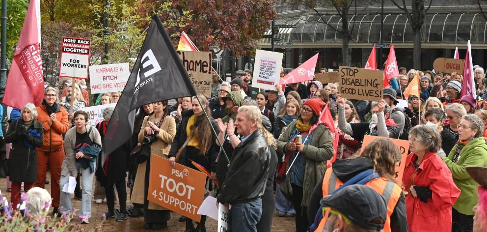 Protesters at John Wickliffe Square in Princes St,  Dunedin, this afternoon. PHOTO: LINDA ROBERTSON