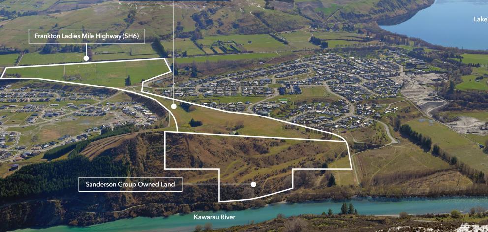 The two tracts of land comprising Sanderson Group's proposed Queenstown Country Club, one of the Wakatipu's Special Housing Areas, is outlined in white. Image: supplied 