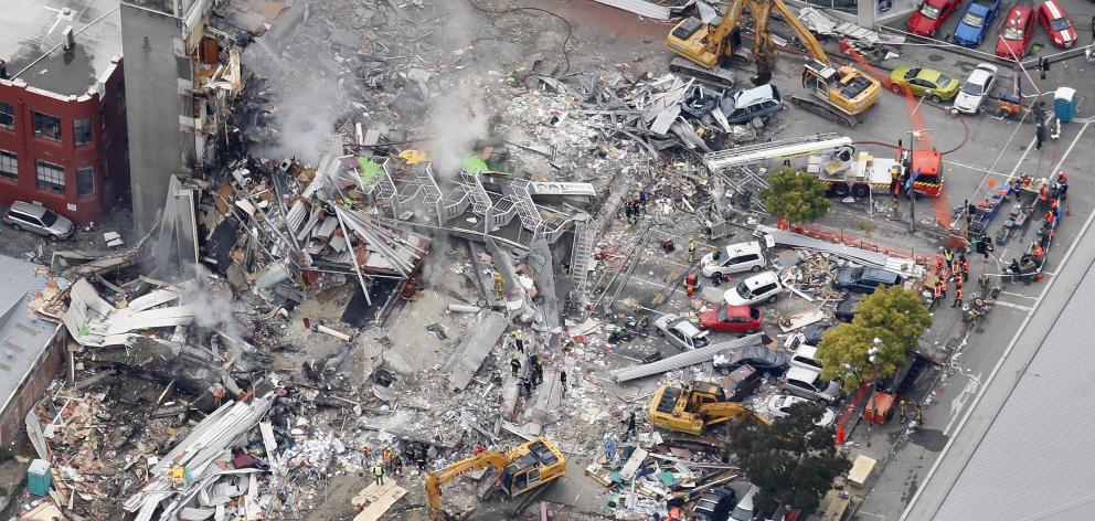 An aerial view of emergency services working at the ruined CTV building in central Christchurch. Photo: Sarah Ivey