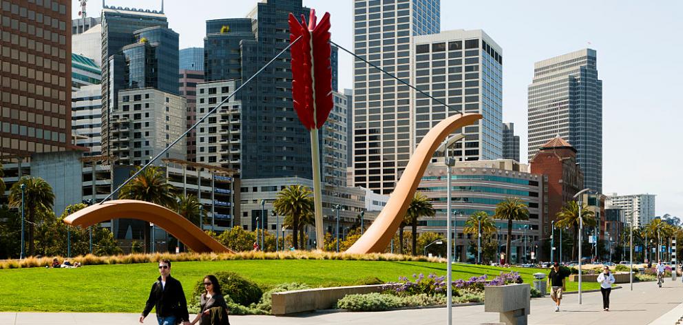 The sculpture CUPID'S SPAN by Claes Oldenburg and Coosje van Bruggen, was built in 2003 along the Rincon Park area on Embarcadero on San Francisco's waterfront. Photo: Getty Images