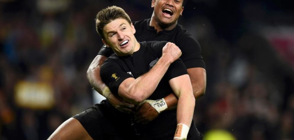 Beauden Barrett celebrates after scoring his late try to seal the victory.