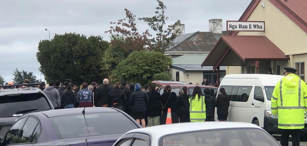 The crowd gathered outside Ngā Hau E Whā marae. Photo: ODT

