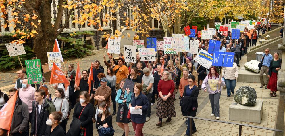 "Save the staff, sack the management": Otago University staff held a protest rally earlier this...
