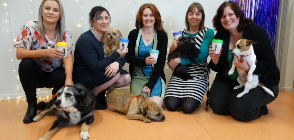 Otago Polytechnic School of Veterinary Nursing staff and dogs (from left) Jan Kirby and Watea,...