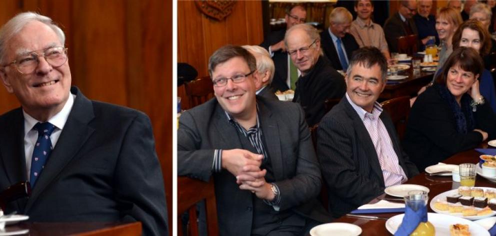 Leading DNA researcher Emeritus Prof George Petersen and (at right) invited guests, including (from left) Genetics Otago director Associate Prof Peter Dearden, Dunedin Mayor Dave Cull and University of Otago vice-chancellor Prof Harlene Hayne, attend a lu