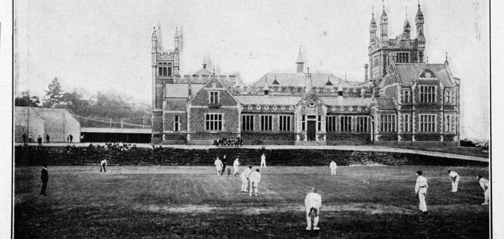 Otago Boys' High School, Dunedin, with a cricket match in progress in the grounds. - Otago...