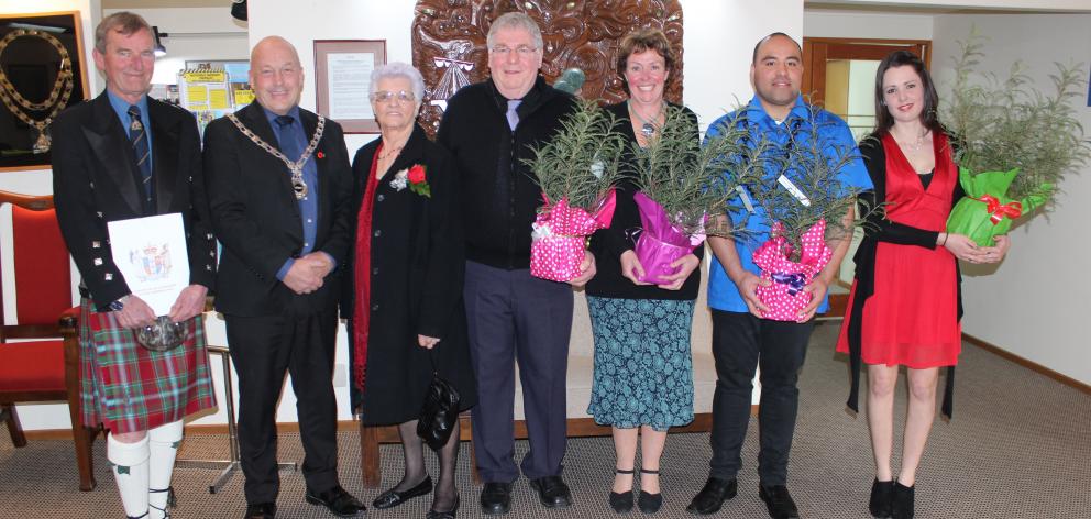 Clutha District Mayor Bryan Cadogan (second from left) is pictured with (from left) new citizens Andrew Begg, formerly of Britain; Johanna Westerhoud, (Netherlands); Kenneth Ineson and Julia Hunter (both Britain); Patrick Laban (Samoa) and Rebecca Costell