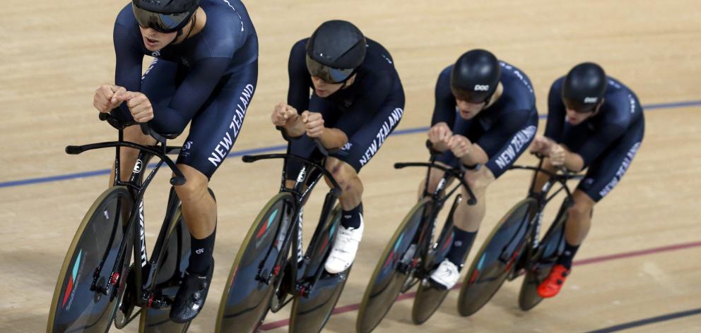 Regan Gough, Aaron Gate, Dylan Kennett and Pieter Bulling of New Zealand compete compete in the...