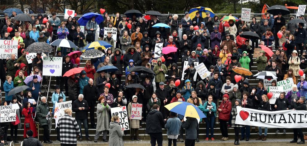 About 400 people attend a protest against proposed cuts to the University of Otago humanities division on the Dunedin campus yesterday.