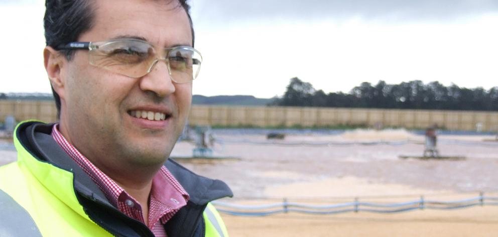 Fonterra’s Edendale site environmental team leader Vijai Lal in front of an aerating pond at the...