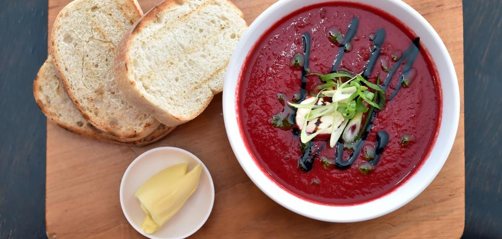 Topiary Cafe's beetroot and tomato soup. Photo by Gregor Richardson.