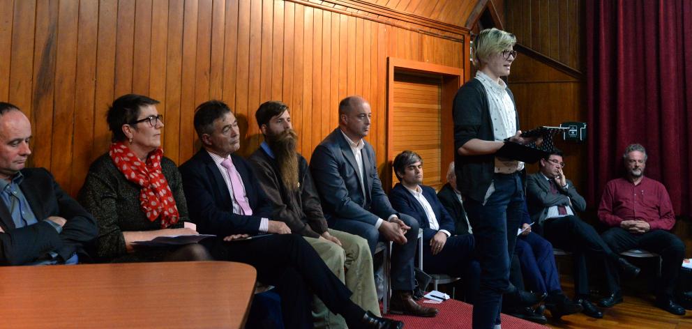 Dunedin mayoral candidate Scout Barbour-Evans addresses a forum as (from left) Jim O’Malley,...