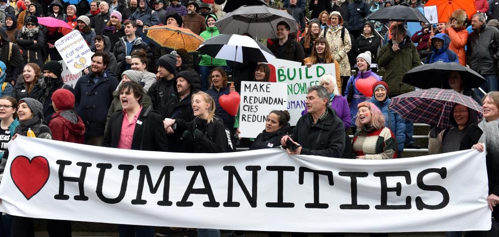 Hundreds protested against proposed cuts to the University of Otago humanities division in August...