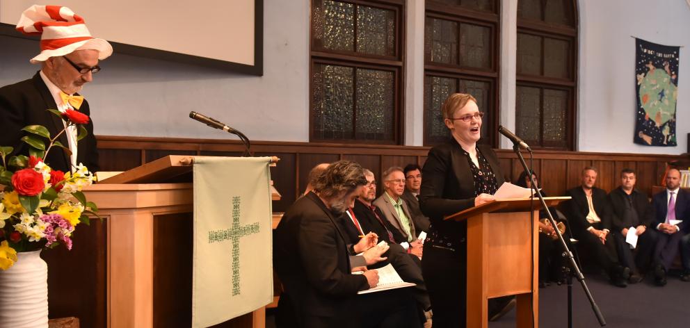 Candidate Liesel Mitchell addresses last night’s Opoho Presbyterian Church Dunedin City Council...