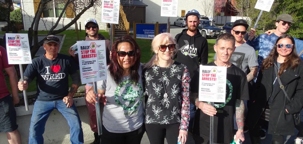 Stop the Arrests rally Queenstown organiser Te Aroha Knox (front left) and Helen Ferguson with...