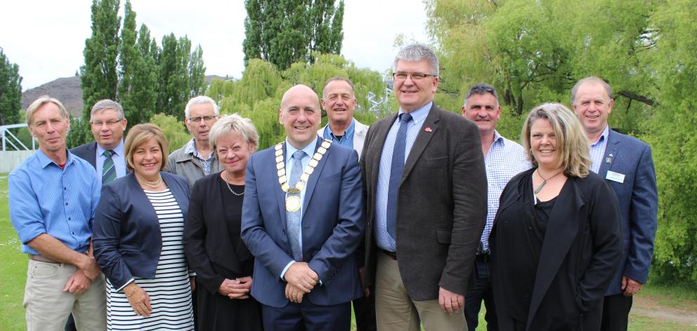Central Otago district councillors Barrie Wills (from left) Nigel McKinlay, Shirley Calvert, Malcolm Topliss, Lynley Claridge, Mayor Tim Cadogan, Martin McPherson, deputy mayor Neil Gillespie, Stu Duncan, Victoria Bonham and Stephen Jeffery stand outside 
