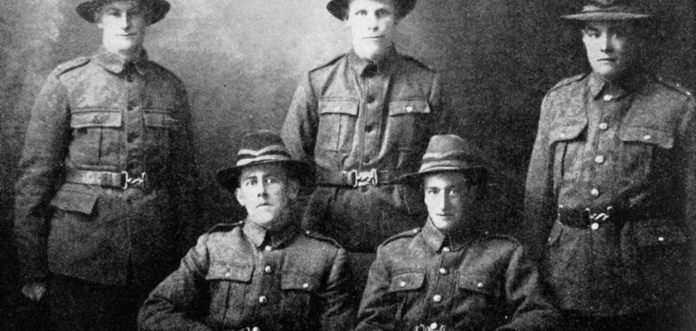 Five Otago boys now in camp at Featherston. Back row (from left): Privates W. R. Dickson (Kuri...