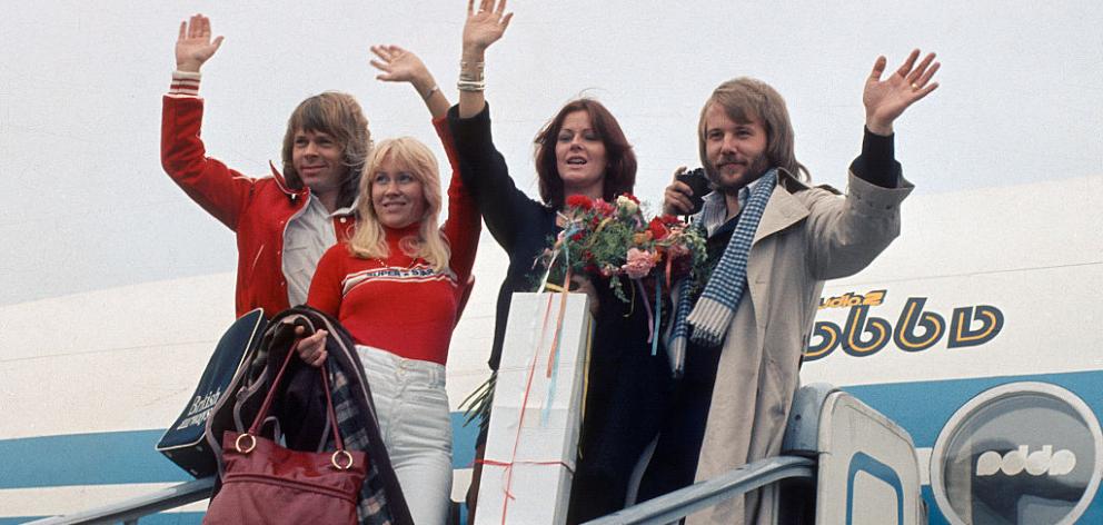 ABBA arrive for a tour of the US in October 1976. Photo Getty