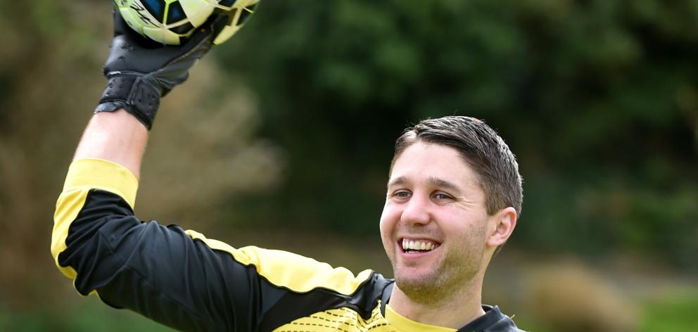 Southern United goalkeeper Liam Little practises at Logan Park this week. Photo: Peter McIntosh.