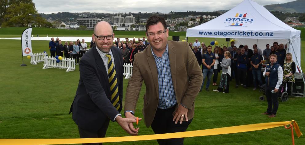 James Lovelock (left) and Andrew Whiley officially open the renovated University Oval yesterday....