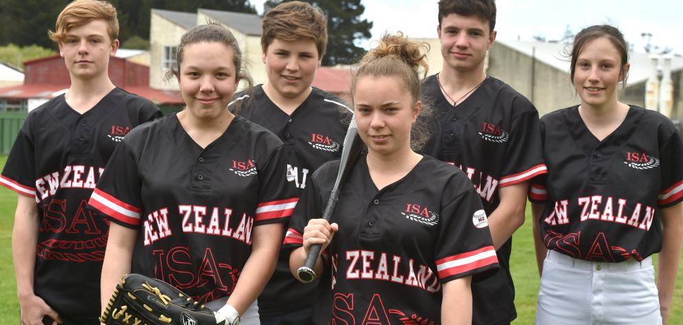 Otago softballers (from left) Will Bathgate (14), Maeve Witchell (14), Callum Rowley (14), Heaven...