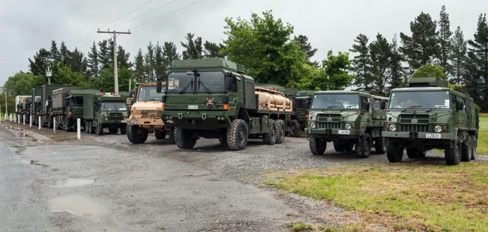 Army vehicles wait to leave for Kaikoura. Photo:Ssupplied