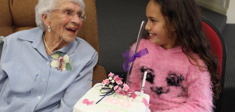 Cromwell woman Elsie McIvor spends time with her great granddaughter Isla Clarke (7) at her 100th...