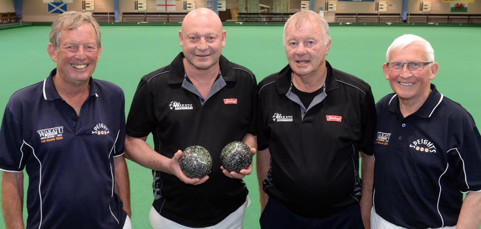 The winning team of (from left) Tony Cockerill, of Gore, Frank Monopoli, of Nelson, Bill Johnson, of Waimate, and Murray Wigley, of Christchurch, at the Hanz tournament in Dunedin yesterday. Photo by Linda Robertson.