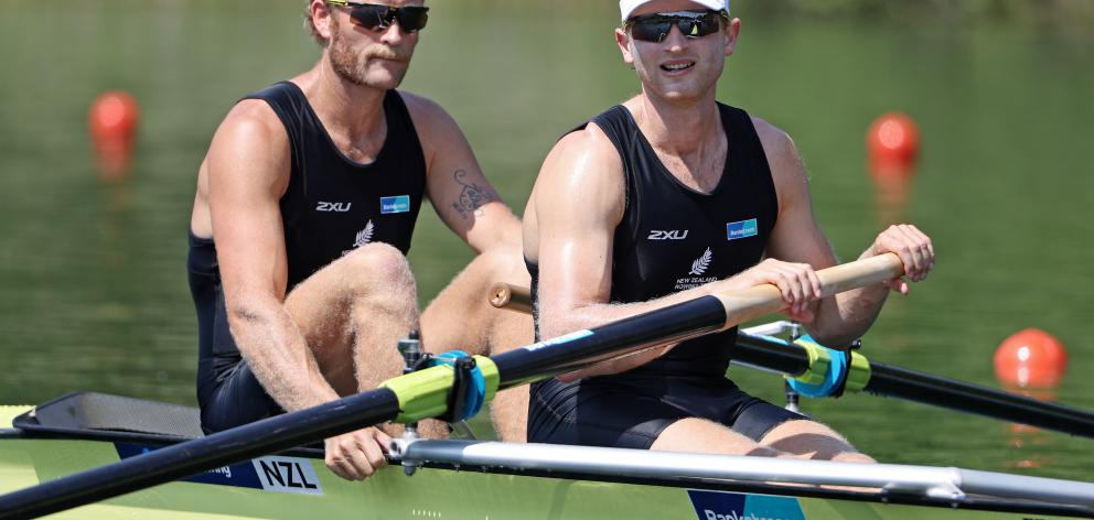  Eric Murray (left) and Hamish Bond of New Zealand compete in the Men's Pair heats during day 1...