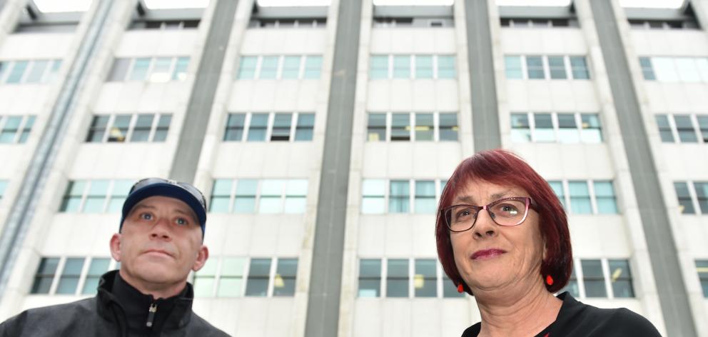 Eye clinic patients Steve Fawcett and Denise Wilson outside Dunedin Hospital yesterday. Photo by Peter McIntosh.