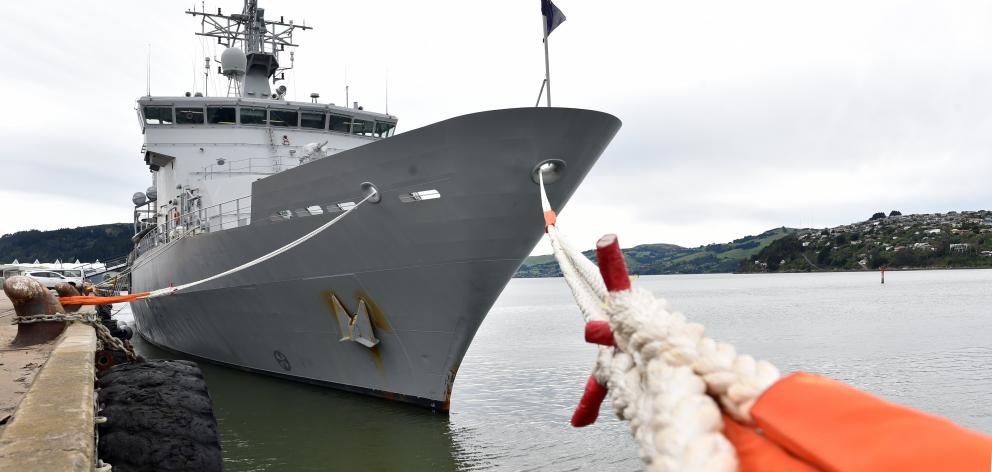 HMNZS Wellington moored at the T/U sheds in Dunedin on Saturday.