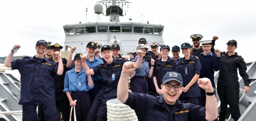 Leading cadet Mason Gill and cadets from TS Waireka and TS Nimrod enjoy a visit to HMNZS...