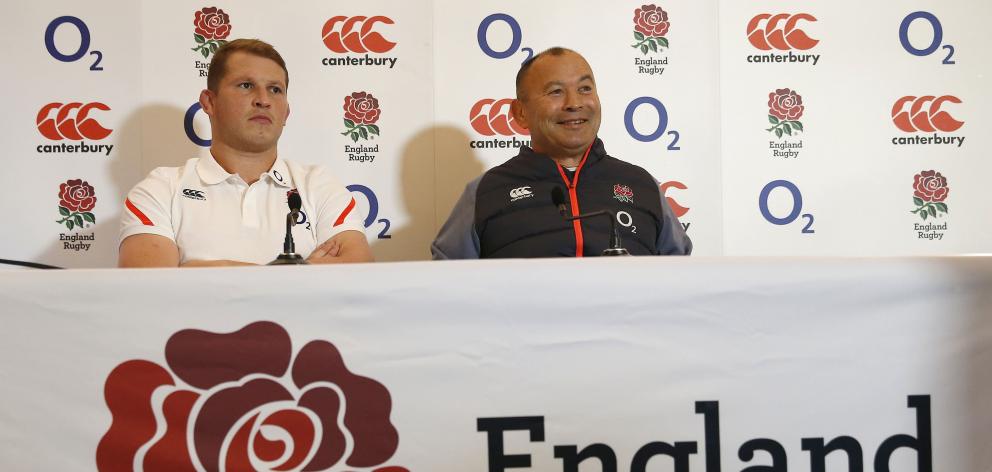  England head coach Eddie Jones and Dylan Hartley during a press conference. Photo: Reuters