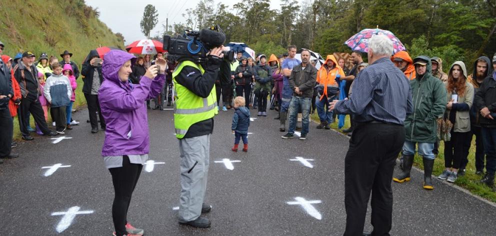 Bernie Monk speaks to the Pike River families and supporters at the new Pike River Mine access...