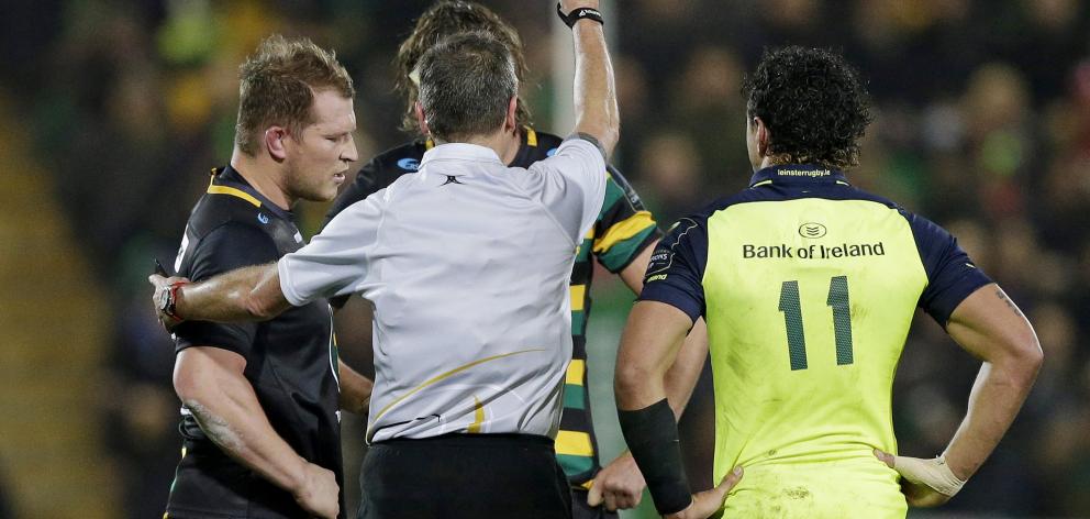 Dylan Hartley of Northampton Saints gets sent off by referee Jerome Garces. Photo: Reuters