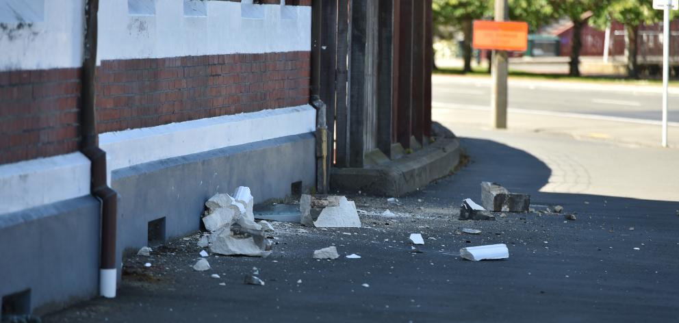 Fallen masonry from the roof cornice of the former Dunedin Police Station. Photo: Gregor Richardson