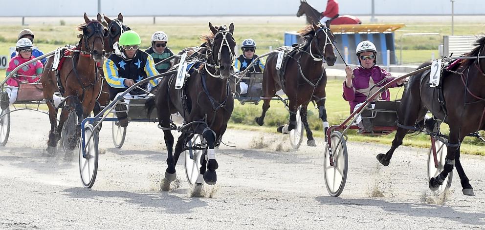 Buffy Bay (right), driven by his Canterbury trainer, Jack Harrington, wins a c0 pace from Essence...