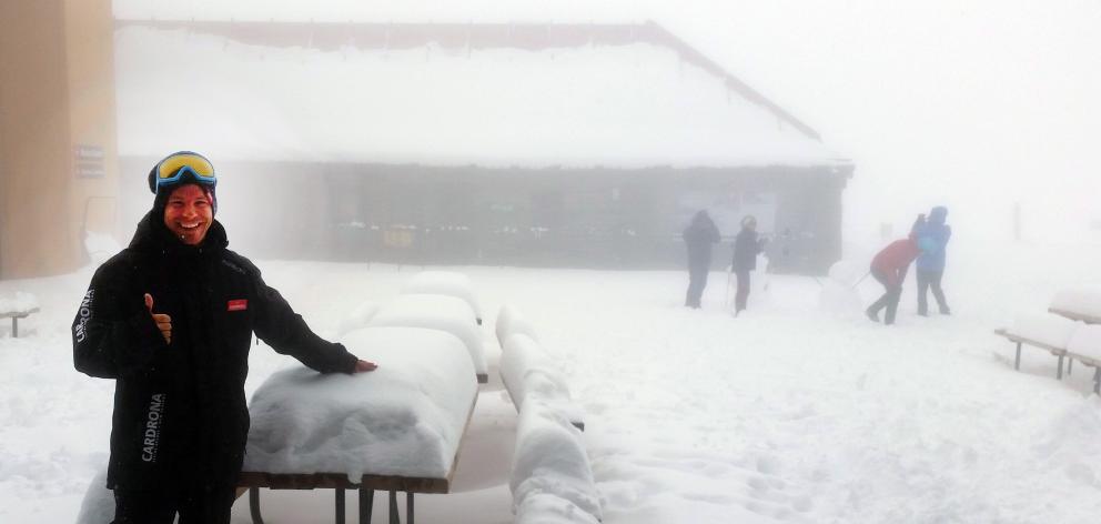 Matt McIvor delights in the presence of summer snow at Cardrona Alpine Resort yesterday. Photo:...