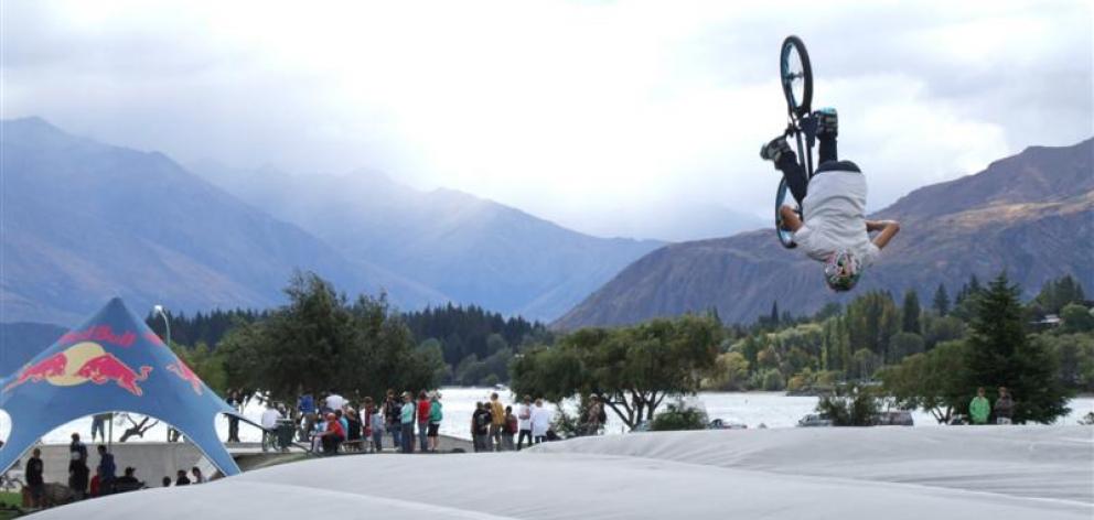 Dunedin rider Max Evans flips his BMX on to the airbag set up at Pembroke Park in Wanaka on...