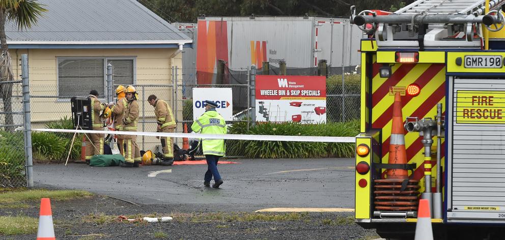 Emergency services attend a sulphuric acid spill at Otago Waste Management Services in Dunedin yesterday. Photo by Gregor Richardson.