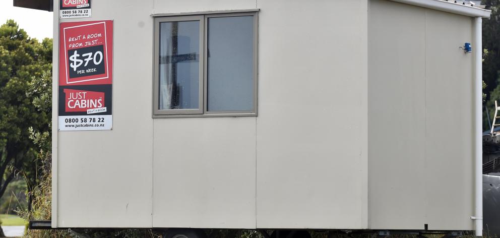 A Just Cabins cabin on a trailer parked on a Dunedin roadside this week. Photo: Peter McIntosh.