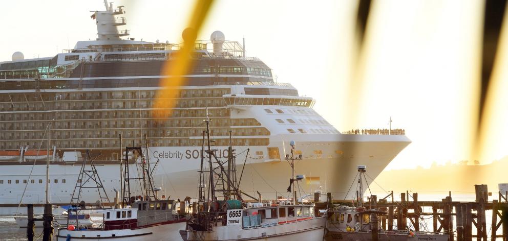 The cruise ship Celebrity Solstice passes Careys Bay as it arrives in Otago Harbour yesterday....