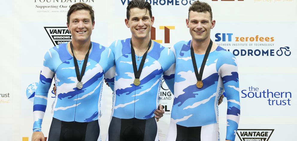 Auckland riders (from left) Ethan Mitchell (silver), Sam Webster (gold) and Zac Williams (bronze)...