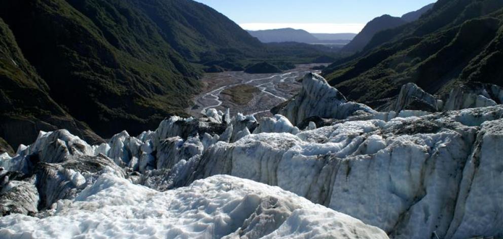 Looking down the Waiho Valley from the Franz Josef Glacier. Photo by Alexander Klink.