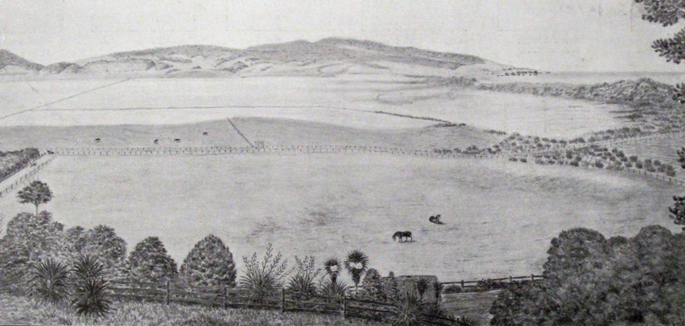 A drawing made by Mr W.R. Jeffries in June, 1860 of ``The Flat'' looking from a site above the...