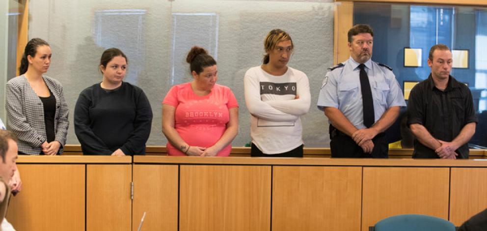 Michelle Blom, Nicola Jones, Julie-Ann Torrance, Cameron Hakeke, a court security guard and Wayne Blackett. Photo: NZ Herald